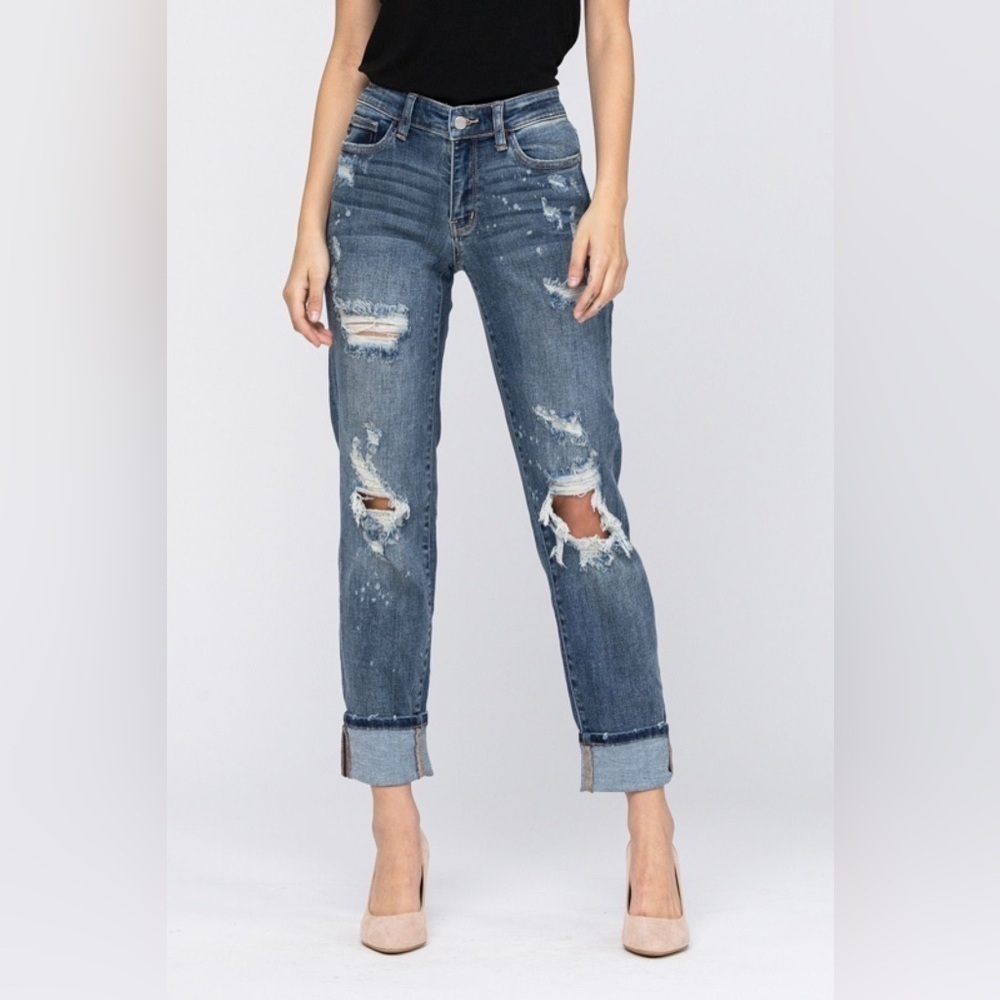 Judy Blue 24W NWT Bleach Splatter Boyfriend Mid Rise Jeans Dark Wash